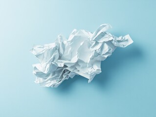 Fototapeta premium Crumpled white paper ball on a light blue background conveys frustration and creative block in a minimalist style with a high angle shot and soft lighting in a studio