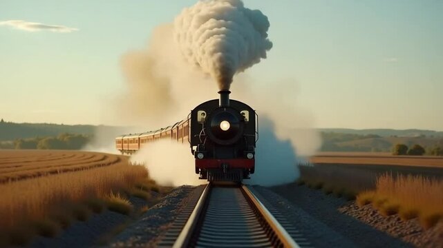 Vintage steam train chugging along a rural landscape  