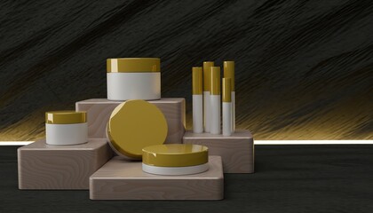 Elegant Skincare and Cosmetic Products Displayed in 3D with Dark Luxury Background