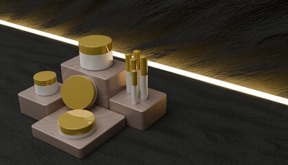Luxury Cosmetic Mockup on Wooden Display with Dramatic Lighting