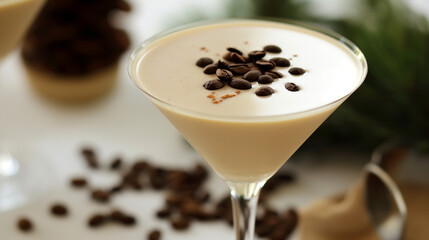 Martini glass with creamy cocktail topped with coffee beans.