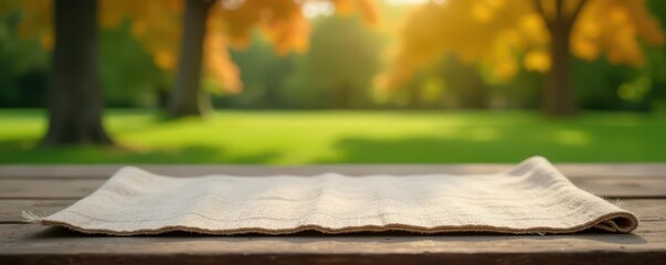 Rustic linen placemat on weathered wood, blurred park backdrop, home, background, table