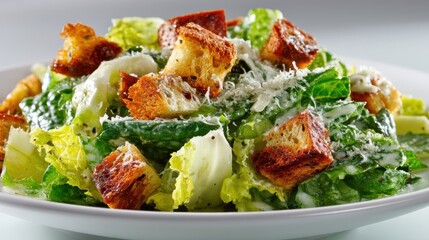 a clean white plate with a delicious Caesar salad topped with croutons and parmesan on a white isolated background, healthy and fresh design