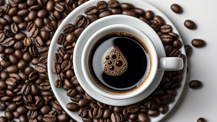 Fototapeta premium Coffee cup surrounded by scattered coffee beans