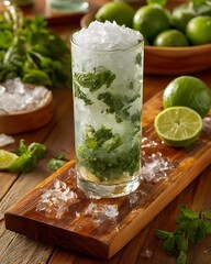 Fototapeta premium Refreshing mojito with mint & limes, on a wooden board. Ice glistens