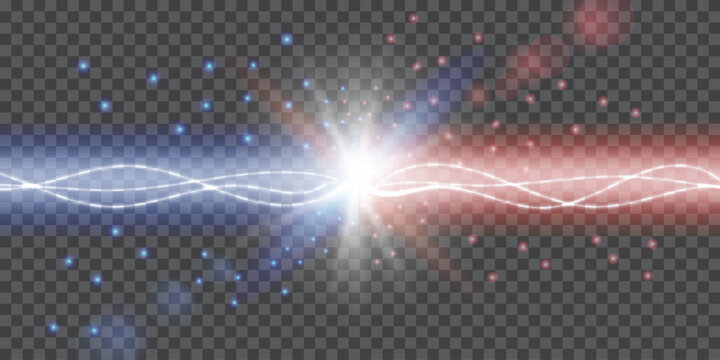 Vector conflicting lightning flying blue and red sparks. Concept for battle, confrontation or fight between two lightning. Powerful electric forces thunderbolt clash electrical energy sparkling blast.