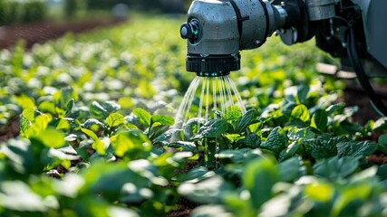 Agricultural robot spraying plants in a field. Possible use Stock photo for agricultural technology