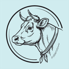 Hand Drawn Cow Head with Wheat and Grass in Circular Frame – Farm Animal Illustration.