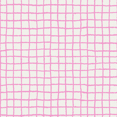 Check pattern seamless background with hand drawn pink lines and abstract grid. Vector checker design with wavy square texture. Cute print for plaid fabric, wallpaper or stationery. To use, drag into