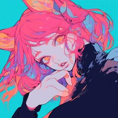 Vibrant digital illustration of a girl with fox ears and bright pink hair