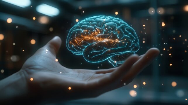 Human hand holding glowing digital brain in futuristic environment