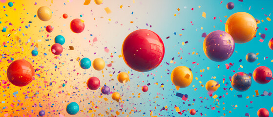 Colorful balls floating in the air, surrounded by confetti, creating a festive and joyful atmosphere.