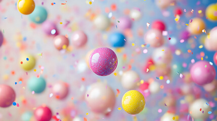 Colorful balls float through a vibrant and festive atmosphere, creating a joyful celebration of fun and happiness.