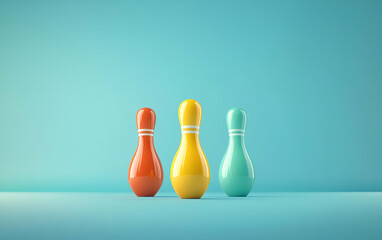 Colorful bowling pins arranged in a row against a soft blue backdrop, perfect for leisure and sports-related themes.