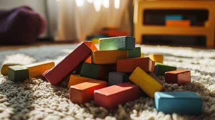 Colorful building blocks scattered on a cozy carpet, inviting play and creativity in a bright room filled with light.