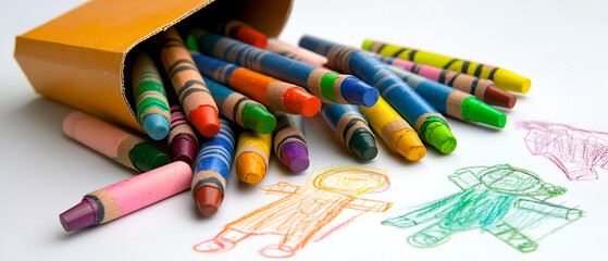 Colorful crayons scattered around, with sketches of playful characters and imaginative designs on paper.