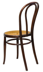 This bentwood chair features a smooth, dark frame and a woven cane seat that exemplifies timeless style. Perfect for enhancing the ambiance of any dining area or cafe.