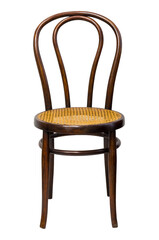 This bentwood chair features a gracefully arched backrest and a natural woven seat, ideal for cafes...