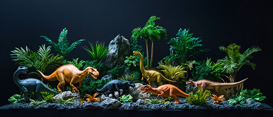 Colorful dinosaur figures among lush greenery create a vibrant prehistoric landscape for collectors and enthusiasts.