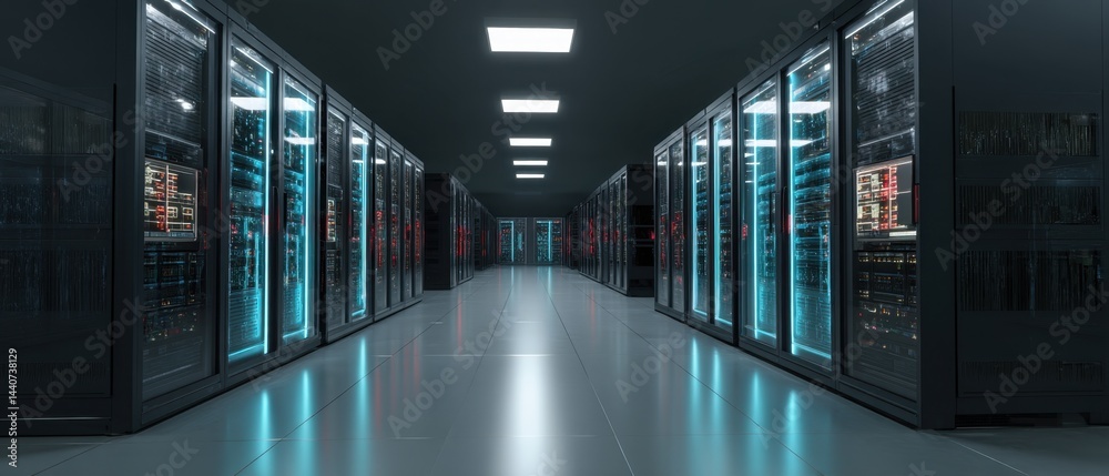 Poster data center server room with rows of rack cabinets hosting computer and network equipment for data s