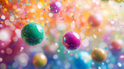 Colorful festive spheres float amid a vibrant background, creating a joyful and celebratory atmosphere full of life.