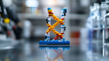 Colorful DNA model created from building blocks, representing genetic structure in a modern laboratory setting.