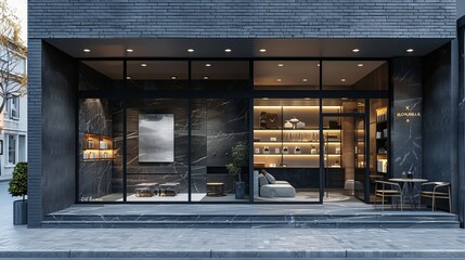 Stylish grey brickwall boutique facade mockup template, with a sophisticated blend of brick and metal finishes, elegant urban storefront concept 