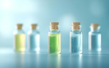 Colorful glass vials containing various liquids, arranged aesthetically against a blurred background.