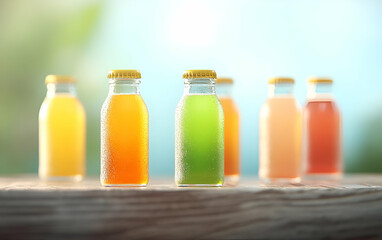 Colorful glass bottles filled with refreshing drinks, perfect for summer fun and healthy hydration.