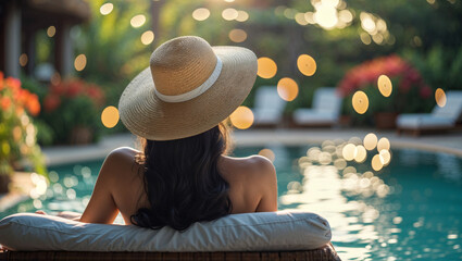 Woman in sun hat enjoying a relaxing day by the pool in the sunlight.