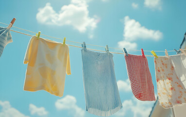 Colorful laundry hanging on a clothesline under a bright blue sky, evoking a sense of freshness and cleanliness.