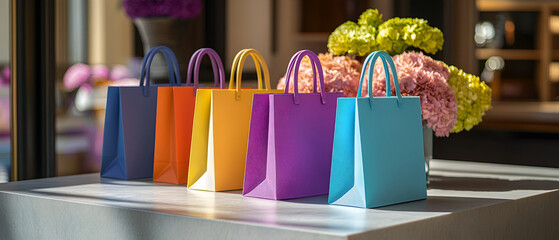 Colorful gift bags arranged elegantly with vibrant flowers in the background, showcasing gift-giving charm.