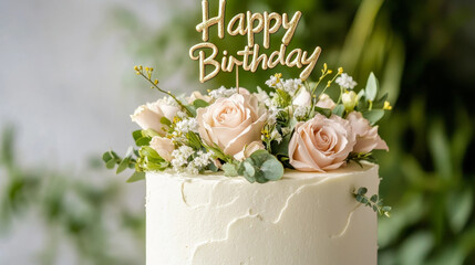 Minimalist & Elegant Cake Smooth white or pastel buttercream Topped with fresh flowers, gold leaf, and a delicate "Happy Birthday" topper Great for adults who love a chic vibe.