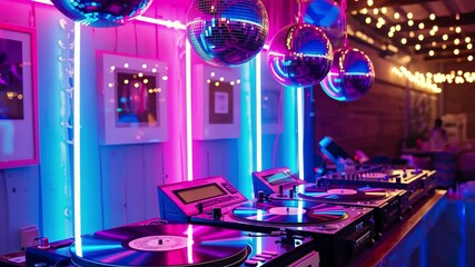 A vibrant retro themed birthday party with DJ setup and disco balls illuminating the dance floor in a cozy venue filled with colorful lights and festive decorations