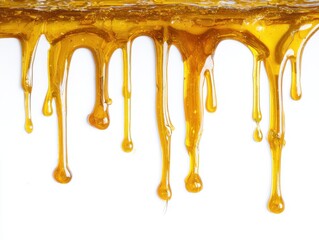 Viscous golden liquid dripping down a white surface creating a mesmerizing abstract pattern honey caramel syrup amber texture detail close up studio shot macro