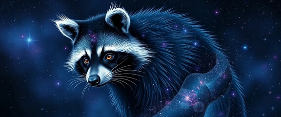 Fototapeta premium waschbär in dunklen Blau- und Violetttönen schimmert, kunstvoll gestaltet aus Sternen, Galaxien und kosmischem Staub, magischer Nachthimmel im Hintergrund.