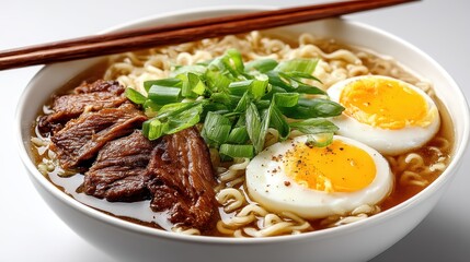 a close-up of a bowl of ramen with noodles, eggs, and broth on a white isolated background, savory and comforting design
