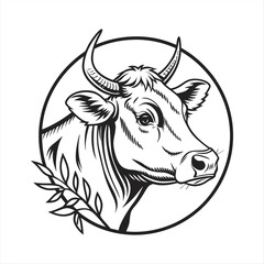 Hand Drawn Cow Head with Wheat and Grass in Circular Frame – Farm Animal Illustration.