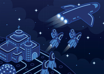 Isometric vector illustration with astronauts leaving the base on rockets