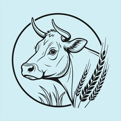 Hand Drawn Cow Head with Wheat and Grass in Circular Frame – Farm Animal Illustration.