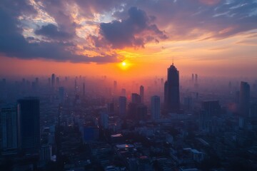 Fototapeta premium Sunrise over Bangkok skyline with vibrant colors illuminating the cityscape and buildings, Bangkok sunrise timelapse