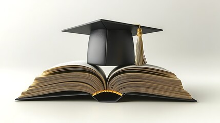 A graduation cap rests atop an open book, symbolizing academic achievement.