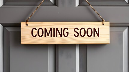 a coming soon sign hanged on a grey door, space for copy