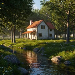 Fototapeta premium uma casa simples no campo, rodeada de árvores e plantas, ao lado de um rio, em renderização octanagem e estilo hiper-realista