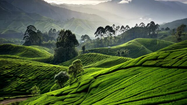 A peaceful tea plantation nestled on the gentle slopes of a mountain during early morning light, showcasing vibrant green fields and distant hills shrouded in mist