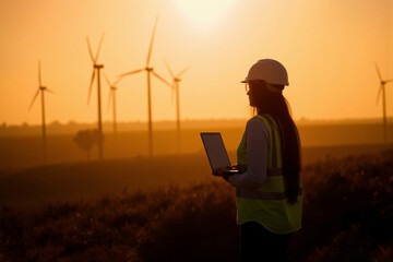 Profile of Female Engineer in Hard Hat and Vest with Laptop at Wind Farm Sunset View.