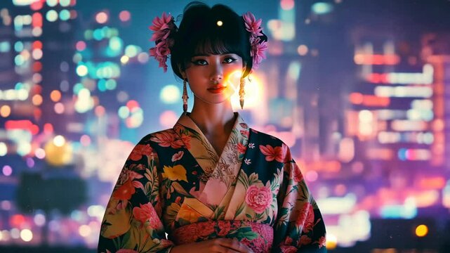 Elegant geisha with candle against vibrant cityscape at night