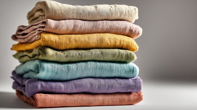 a stack of freshly folded linens with soft pastel colors on a white isolated background, fresh and inviting design