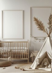 Gallery wall consists of three posters in mockup style hanging from the wall in the nursery.