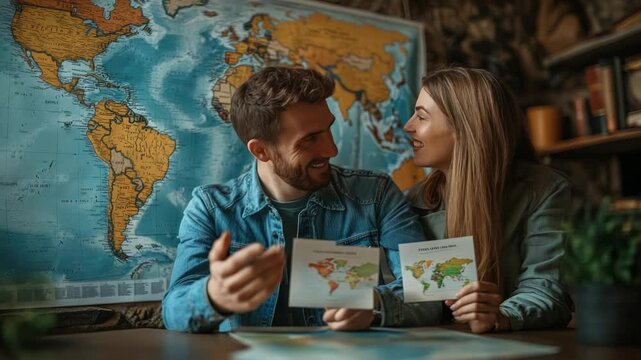 Happy young couple looking at travel destinations in a guidebook, smiling and planning a vacation adventure. Cozy library setting with world map in the background. Concept of romantic trip planning.